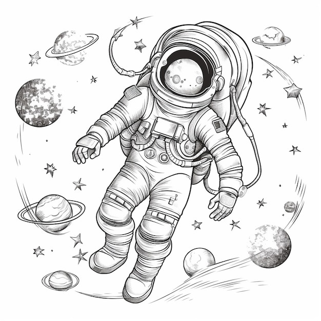 un dibujo de un astronauta con planetas y planetas