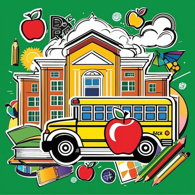 Un dibujo de un autobús escolar con un autobús escolar en la parte superior.