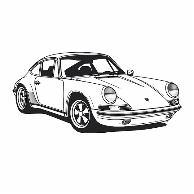 un dibujo de un automóvil Porsche blanco con un contorno negro ai generativo