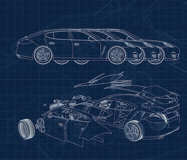 Dibujo de un automóvil y sus partes sobre un sustrato milimétrico azul