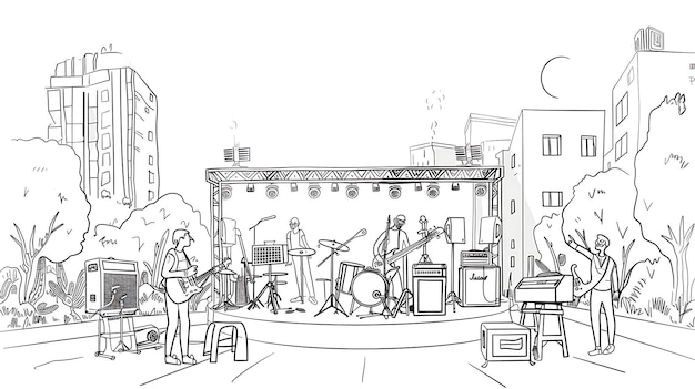 un dibujo de una banda en un escenario con una banda en él