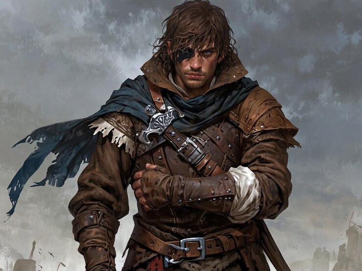 un dibujo de un bandido medieval humano con una larga espada
