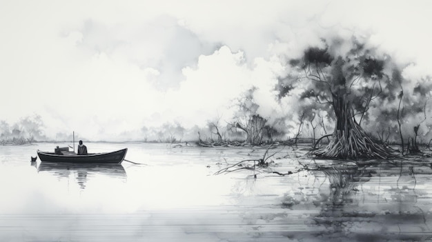 Dibujo de barco en blanco y negro en estilo acuarela vietnamita