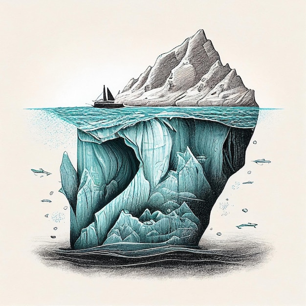 Un dibujo de un barco y un iceberg con un barco en el fondo.