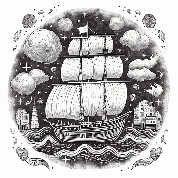 Foto un dibujo de un barco con la palabra mar en él.