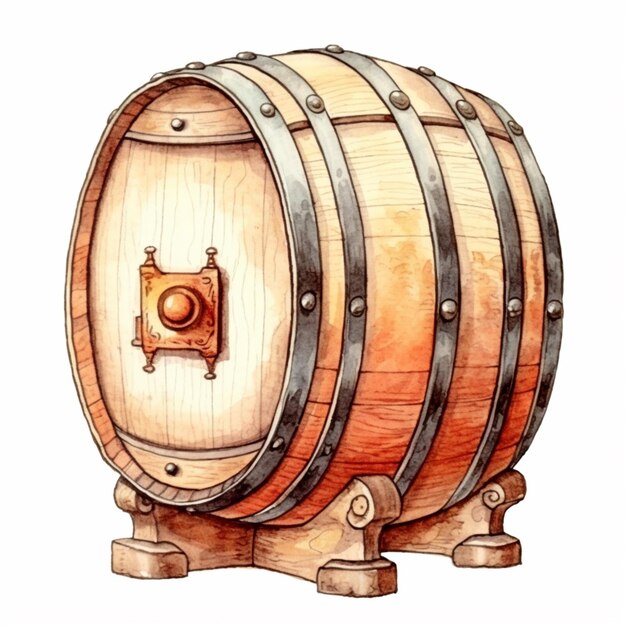 Foto un dibujo de un barril de madera con correas metálicas en un soporte generativo ai