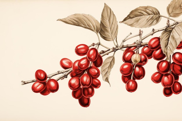 un dibujo de bayas rojas con hojas y ramas