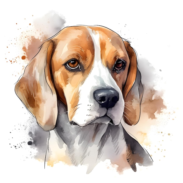 Un dibujo de un beagle con ojos marrones y nariz blanca.