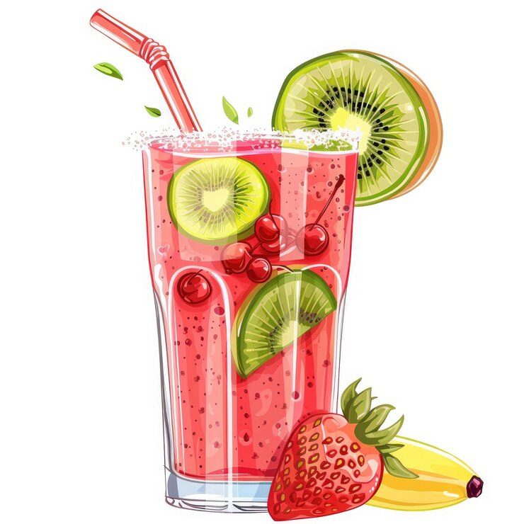 un dibujo de una bebida de fresa con fresas y kiwi