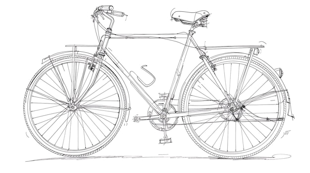 un dibujo de una bicicleta con un fondo blanco con un contorno negro