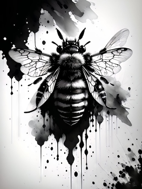 Un dibujo en blanco y negro de una abeja con un ala grande.