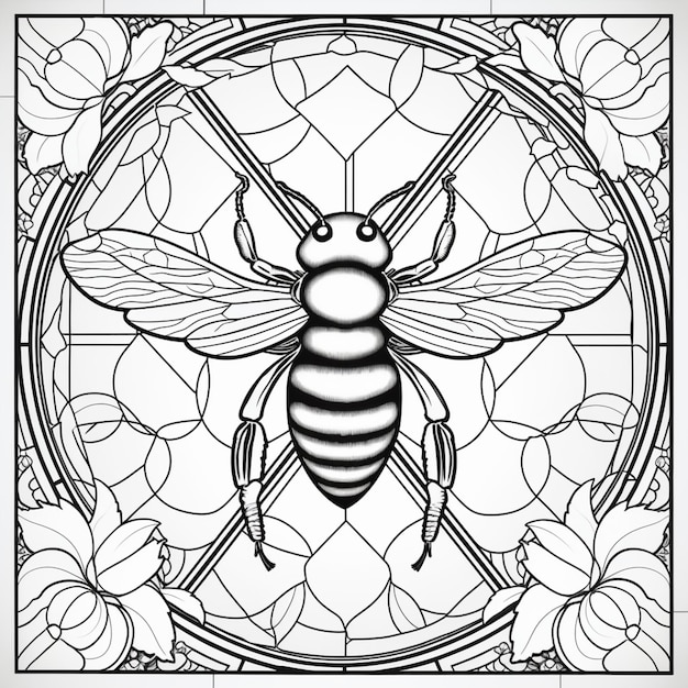 Foto un dibujo en blanco y negro de una abeja sobre un fondo de vidrieras ai generativo