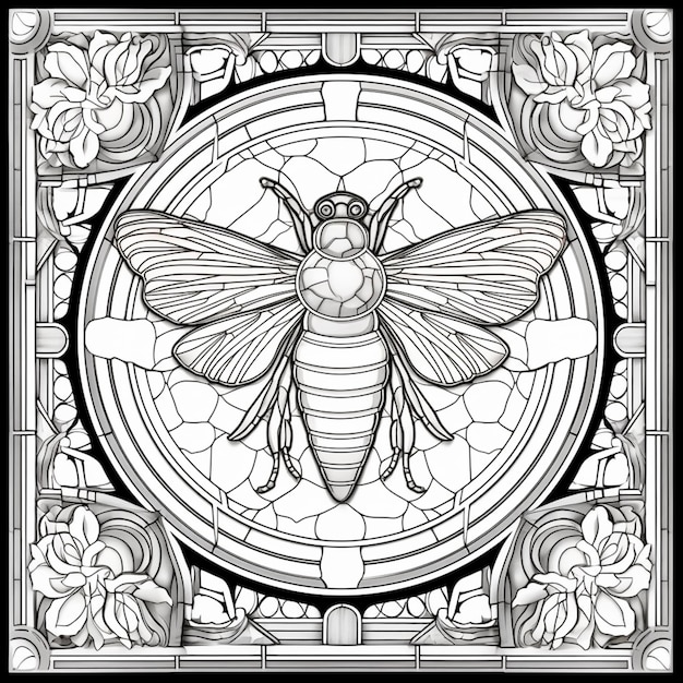 Foto un dibujo en blanco y negro de una abeja en un vitral ai generativo