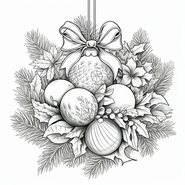 un dibujo en blanco y negro de adornos navideños que cuelgan de un árbol ai generativo