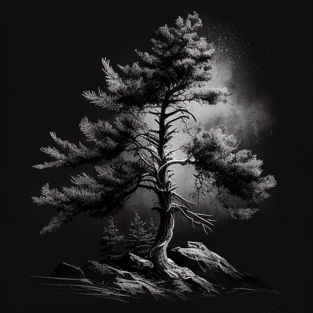 Un dibujo en blanco y negro de un árbol con la luna detrás.