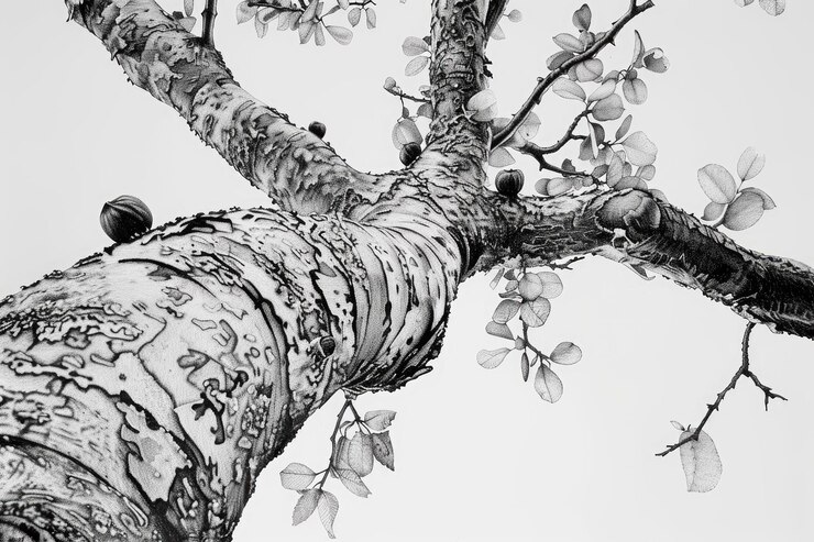Foto un dibujo en blanco y negro de un árbol con nueces en él