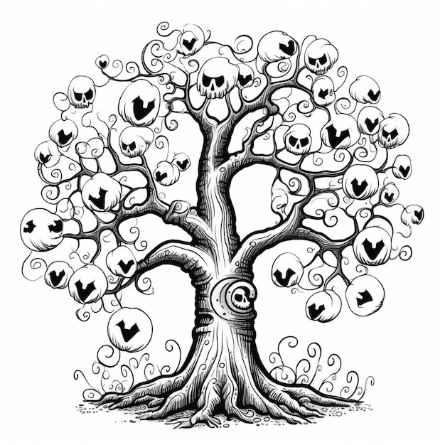 un dibujo en blanco y negro de un árbol con pájaros y ramas giratorias