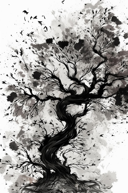un dibujo en blanco y negro de un árbol con pájaros volando a su alrededor ai generativo