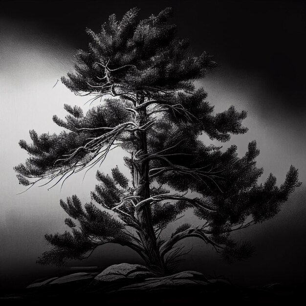 Un dibujo en blanco y negro de un árbol con la palabra "en él"