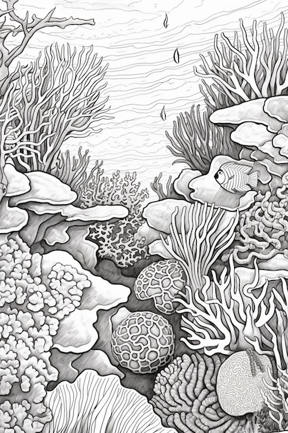 Un dibujo en blanco y negro de un arrecife de coral con un arrecife de coral y peces nadando a su alrededor.