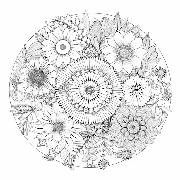 Un dibujo en blanco y negro de un arreglo circular de flores ai generativo