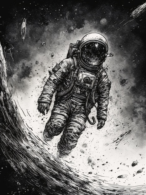 Dibujo en blanco y negro de un astronauta en el espacio realizado en estilo de arte gráfico AI generado AI generativo AI generativ