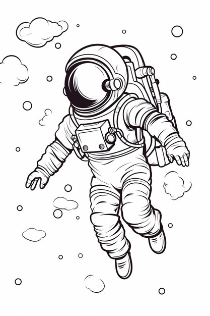 Foto un dibujo en blanco y negro de un astronauta flotando en el aire