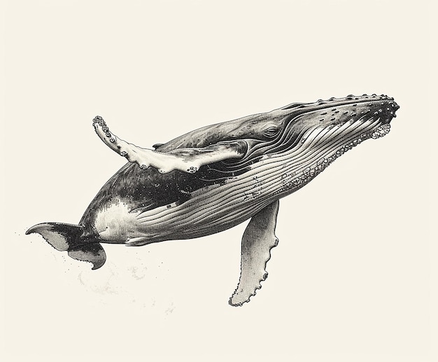 Un dibujo en blanco y negro de una ballena La ballena está nadando en el océano y está en movimiento