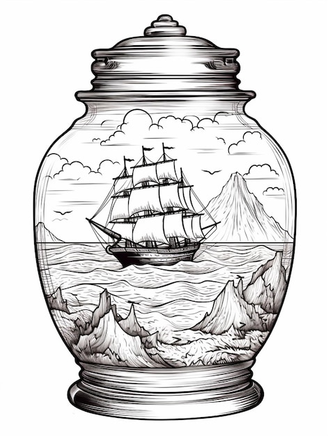 un dibujo en blanco y negro de un barco en un frasco generativo ai