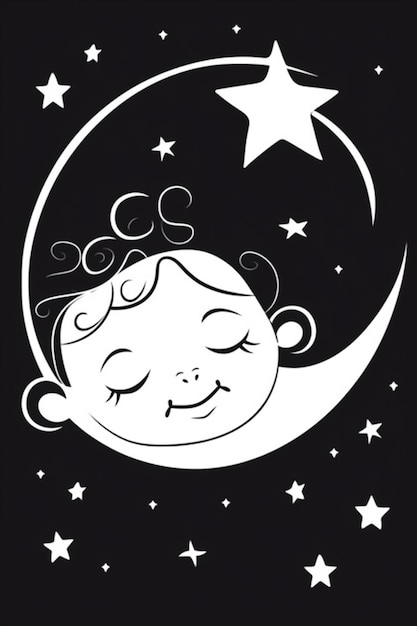 un dibujo en blanco y negro de un bebé durmiendo en una media luna generativa ai