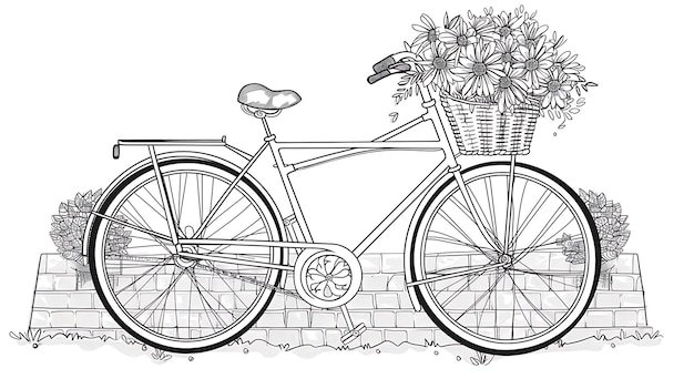 Un dibujo en blanco y negro de una bicicleta con una canasta llena de flores en un fondo de ladrillo La bicicleta está apoyada contra una pared