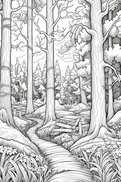 Un dibujo en blanco y negro de un bosque con un arroyo generativo ai