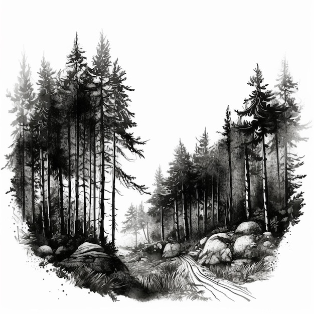 Un dibujo en blanco y negro de un bosque con rocas y árboles generativos ai