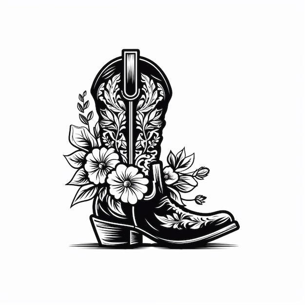 un dibujo en blanco y negro de una bota de vaquero con flores ai generativo