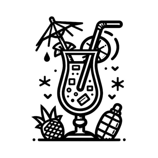un dibujo en blanco y negro de una botella con una piña en ella