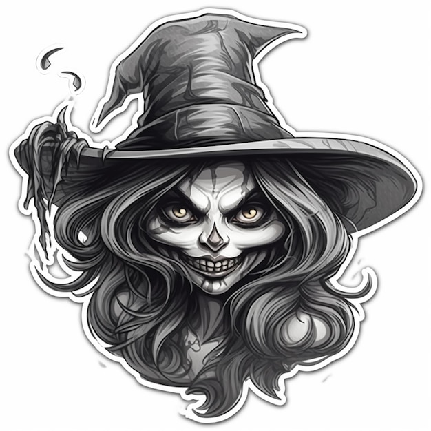 un dibujo en blanco y negro de una bruja con un sombrero en ai generativa