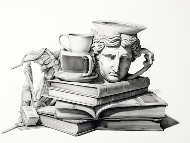 Un dibujo en blanco y negro de un busto de un hombre rodeado de libros y tazas. Composición surrealista.