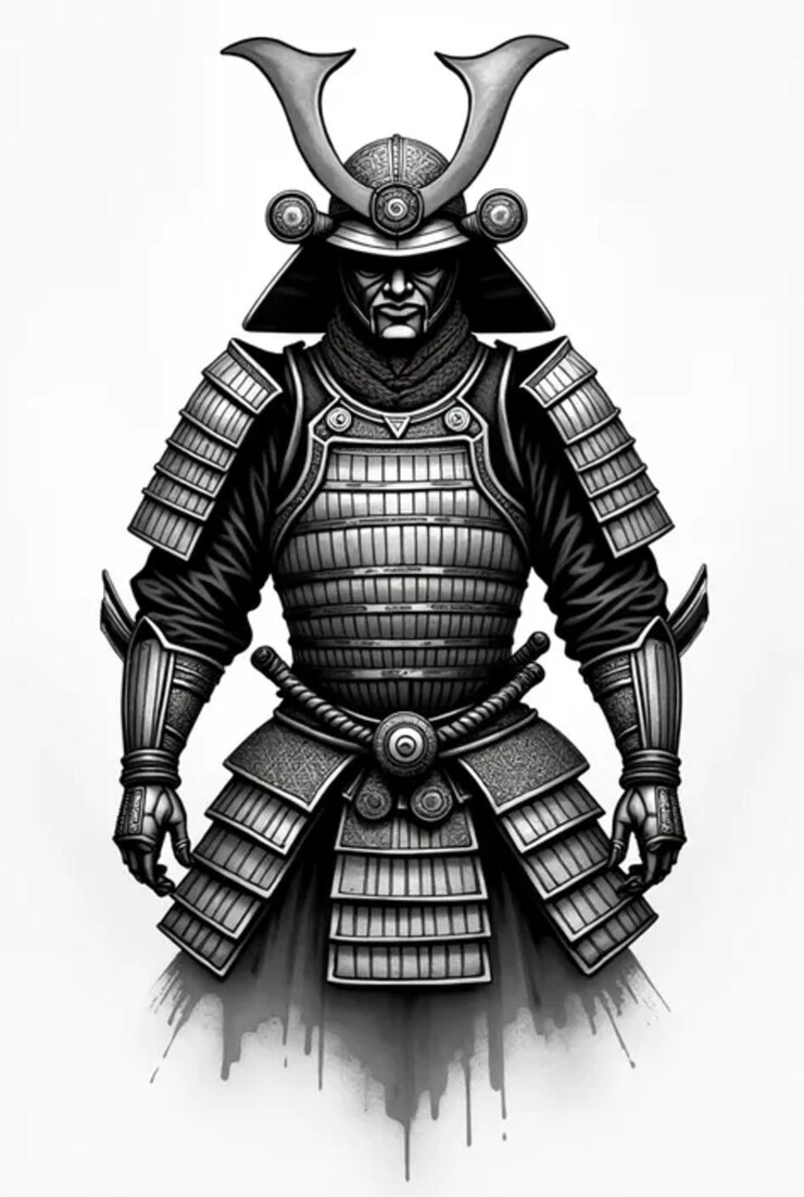 un dibujo en blanco y negro de un caballero en un traje negro con un escudo en el frente
