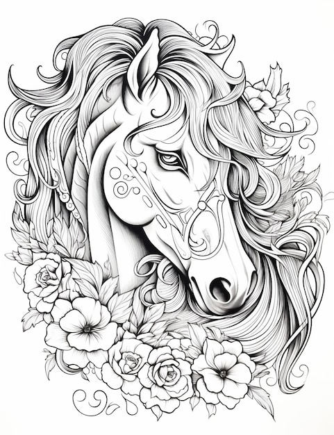 un dibujo en blanco y negro de un caballo con flores generativa ai