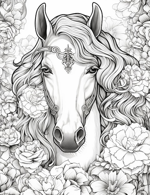 Un dibujo en blanco y negro de un caballo con pelo largo ai generativo.