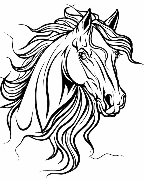 Foto un dibujo en blanco y negro de un caballo con el pelo largo generativo ai