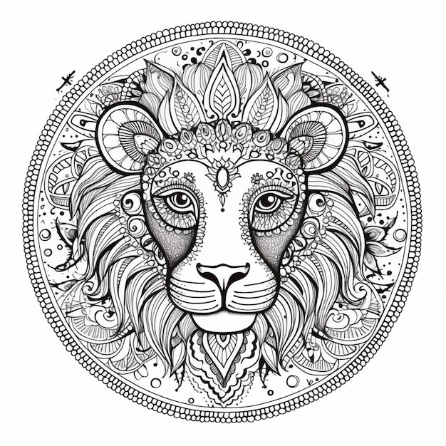 Un dibujo en blanco y negro de una cabeza de león con un patrón circular generativo ai