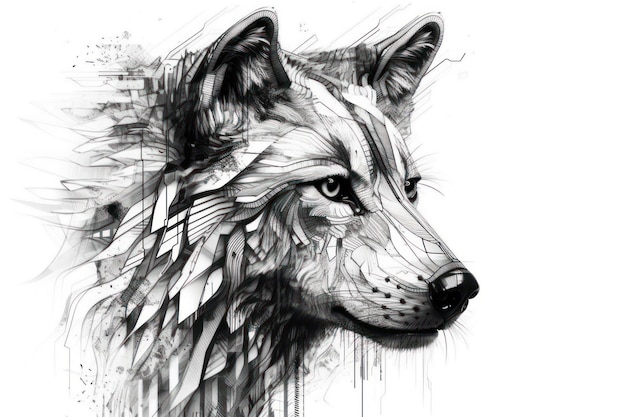 Un dibujo en blanco y negro de la cabeza de un lobo.