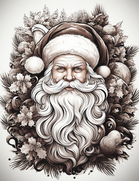 un dibujo en blanco y negro de la cabeza de un Papá Noel sonriente.