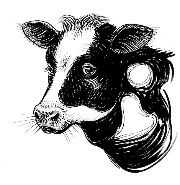 Un dibujo en blanco y negro de la cabeza de una vaca.