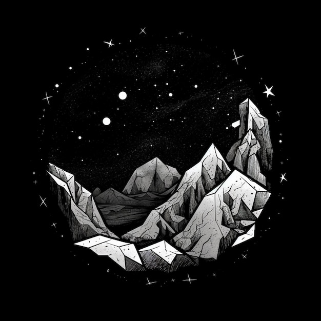 un dibujo en blanco y negro de una cadena montañosa con estrellas generativas ai