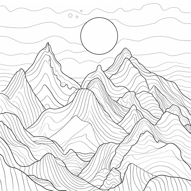 Un dibujo en blanco y negro de una cadena montañosa con un sol generativo ai