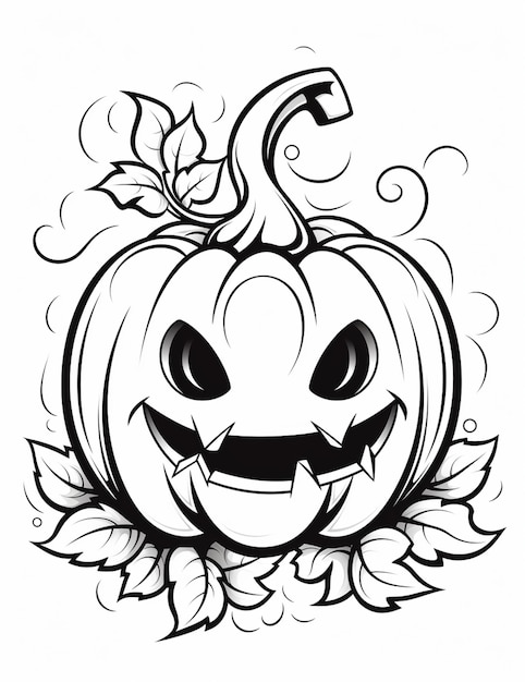 Foto un dibujo en blanco y negro de una calabaza con hojas generativas ai