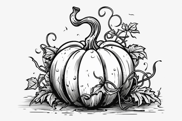 Un dibujo en blanco y negro de una calabaza con hojas generativas ai