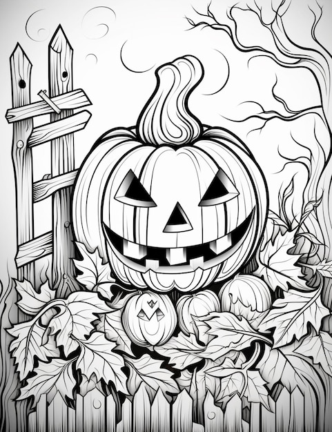 Un dibujo en blanco y negro de una calabaza con hojas y una valla generativa ai